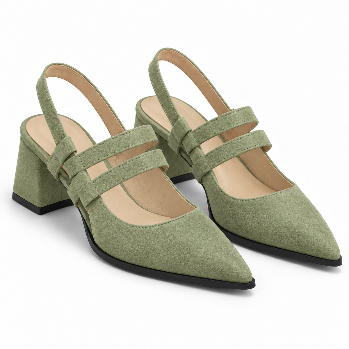 Slingback Heels Pistachio – جزمة كعب حريمي سلينج باك شمواه صناعي فستقي، من قدام – ECADRA