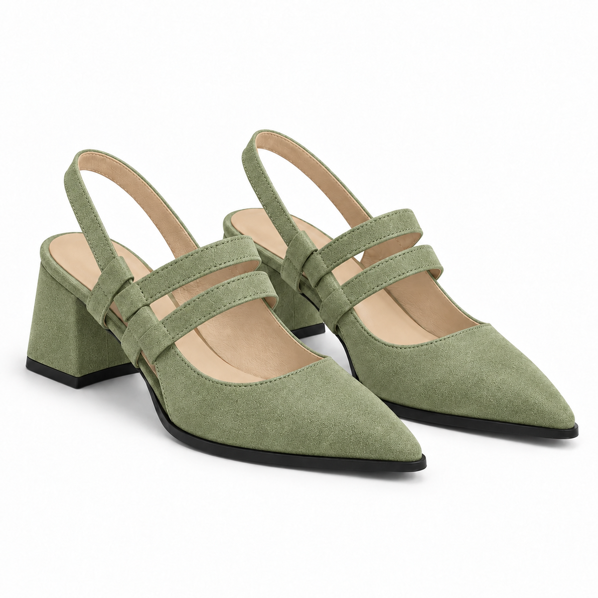 Slingback Heels Pistachio – جزمة كعب حريمي سلينج باك شمواه صناعي فستقي، من الجنب – ECADRA
