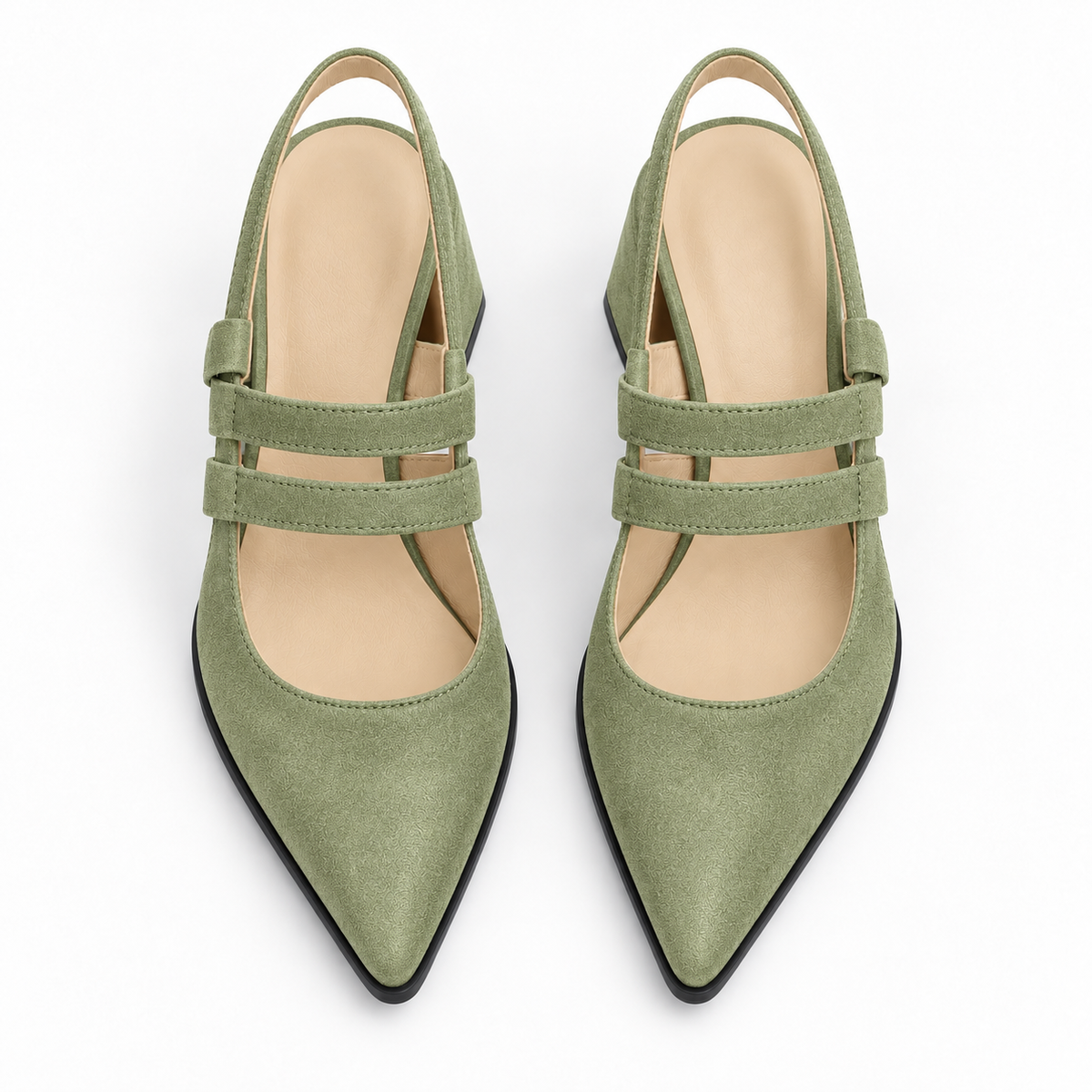 Slingback Heels Pistachio – جزمة كعب حريمي سلينج باك شمواه صناعي فستقي، من فوق – ECADRA