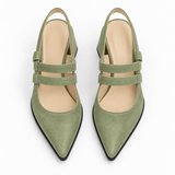 Slingback Heels Pistachio – جزمة كعب حريمي سلينج باك شمواه صناعي فستقي، من فوق – ECADRA
