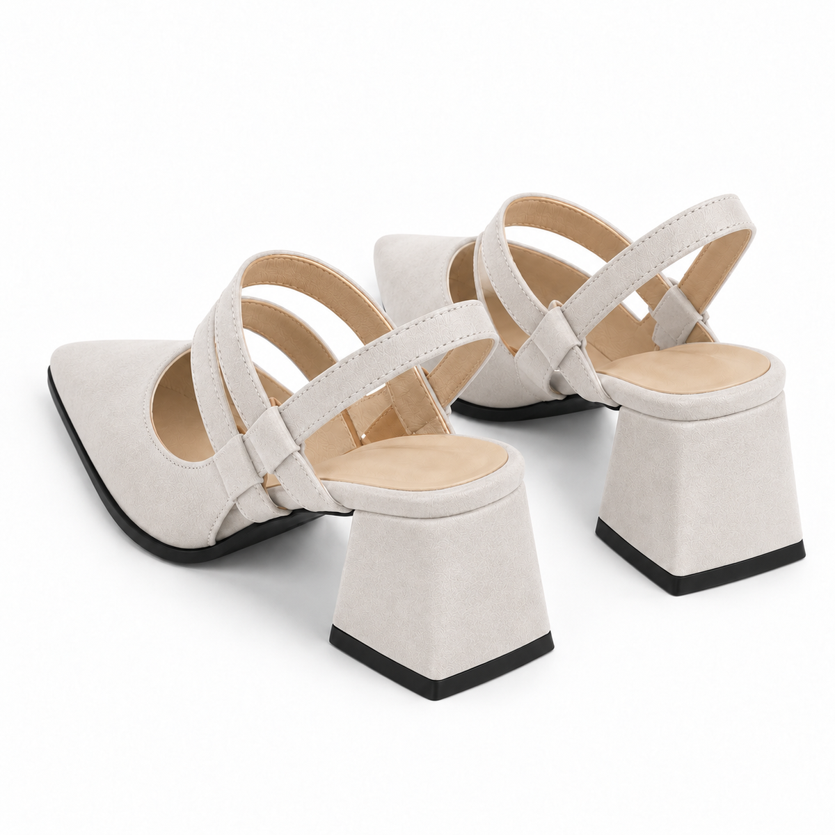 Slingback Heels White – جزمة كعب حريمي سلينج باك شمواه صناعي أبيض، من ورا – ECADRA