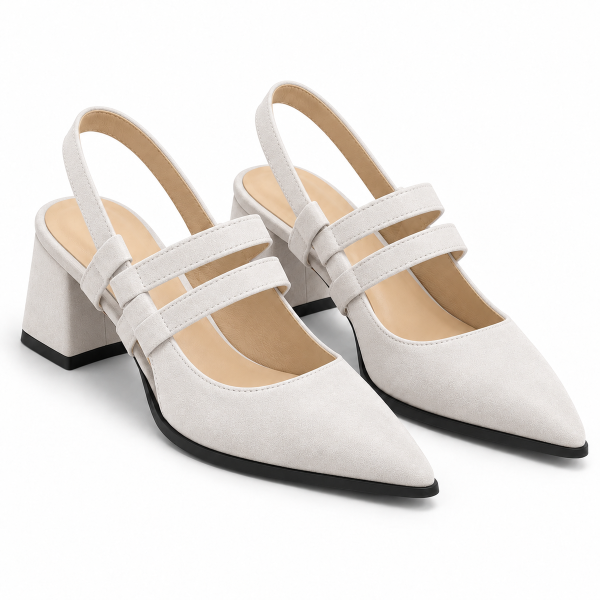 Slingback Heels White – جزمة كعب حريمي سلينج باك شمواه صناعي أبيض، من قدام – ECADRA