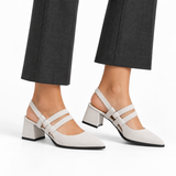 Slingback Heels White – جزمة كعب حريمي سلينج باك شمواه صناعي أبيض، على الرجل – ECADRA