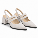 Slingback Heels White – جزمة كعب حريمي سلينج باك شمواه صناعي أبيض، من الجنب – ECADRA