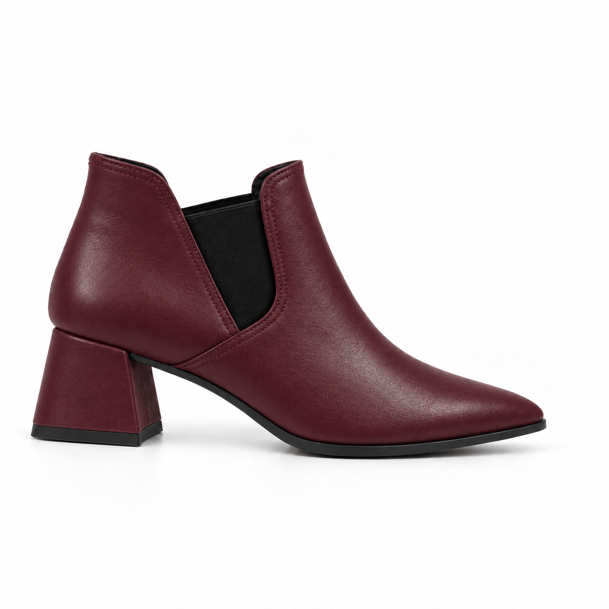 Slit Heeled Bootie Burgundy – هاف بوت حريمي بكعب جلد صناعي نبيتي، من الجنب – ECADRA