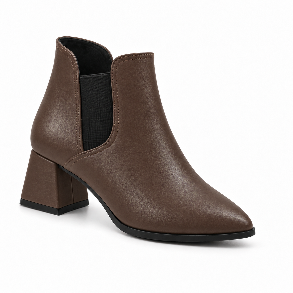 Slit Heeled Bootie Chocolate Brown – هاف بوت حريمي بكعب جلد صناعي بني شوكولاتة، من قدام – ECADRA