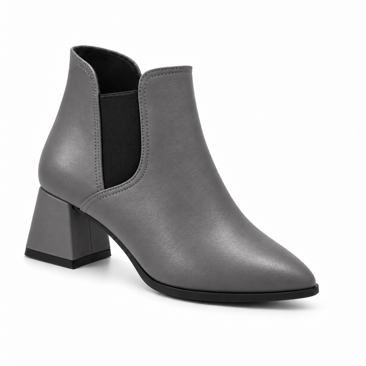 Slit Heeled Bootie Grey – هاف بوت حريمي بكعب جلد صناعي رمادي، من قدام – ECADRA