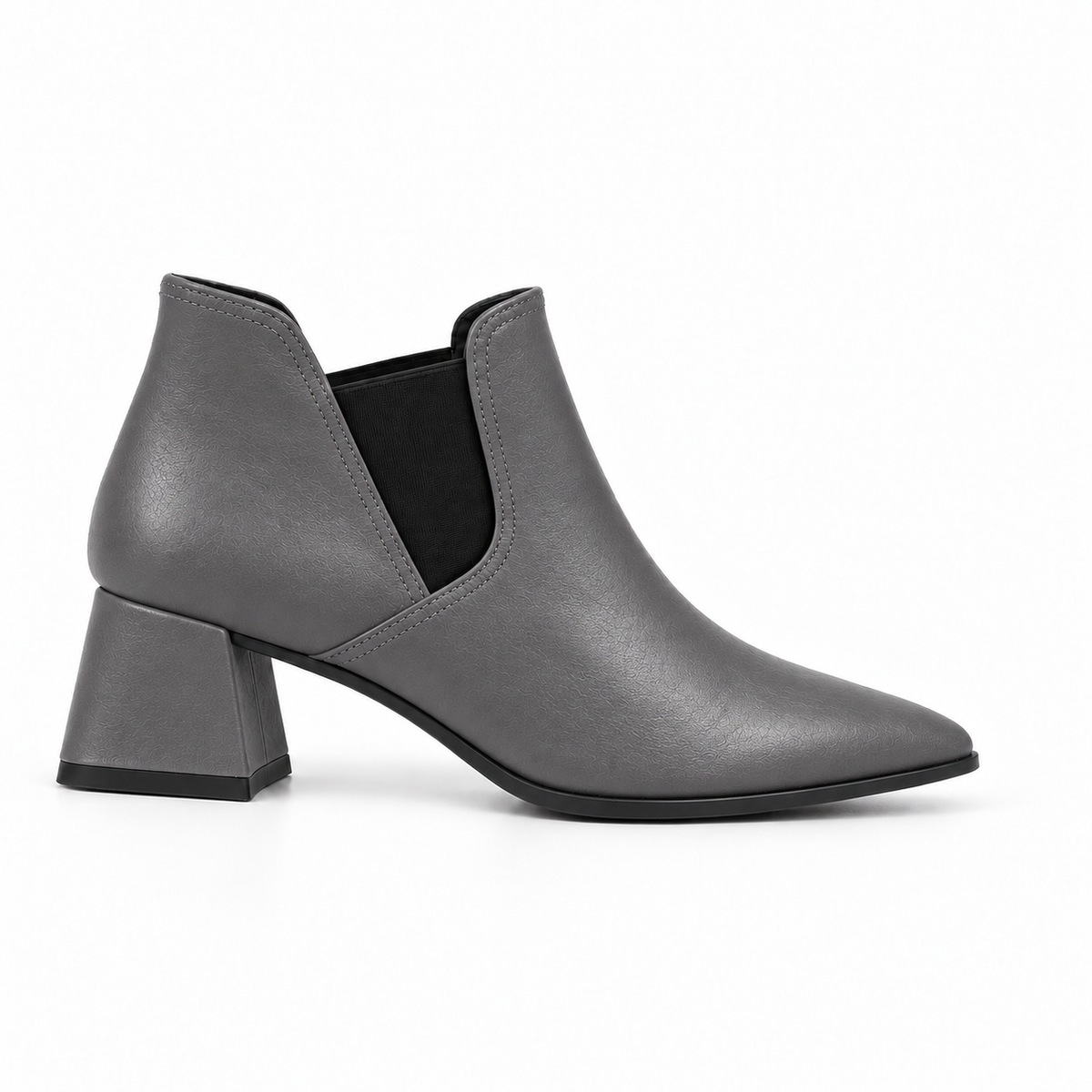 Slit Heeled Bootie Grey – هاف بوت حريمي بكعب جلد صناعي رمادي، من الجنب – ECADRA