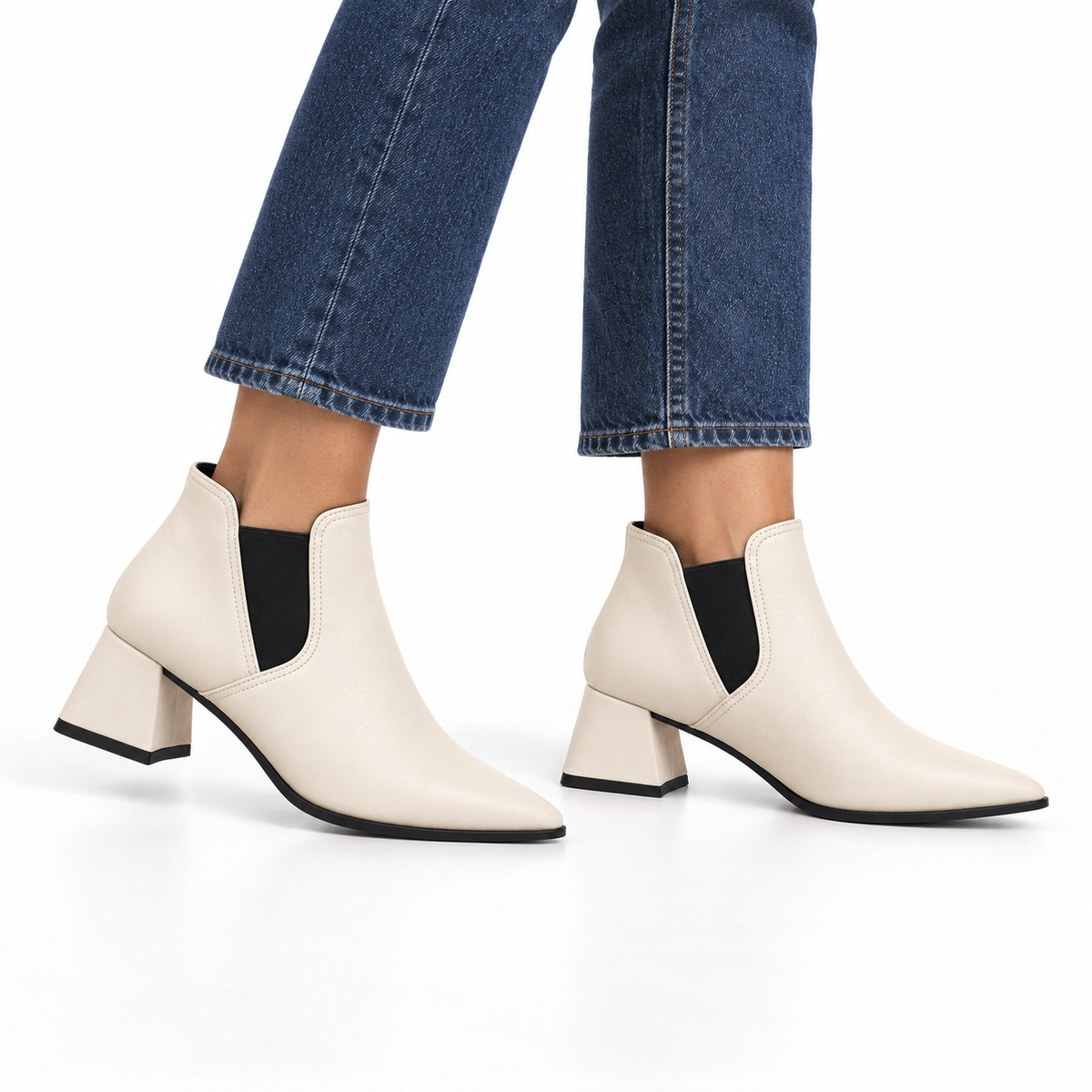 Slit Heeled Bootie Ivory – هاف بوت حريمي بكعب جلد صناعي أوف وايت، على الرجل – ECADRA