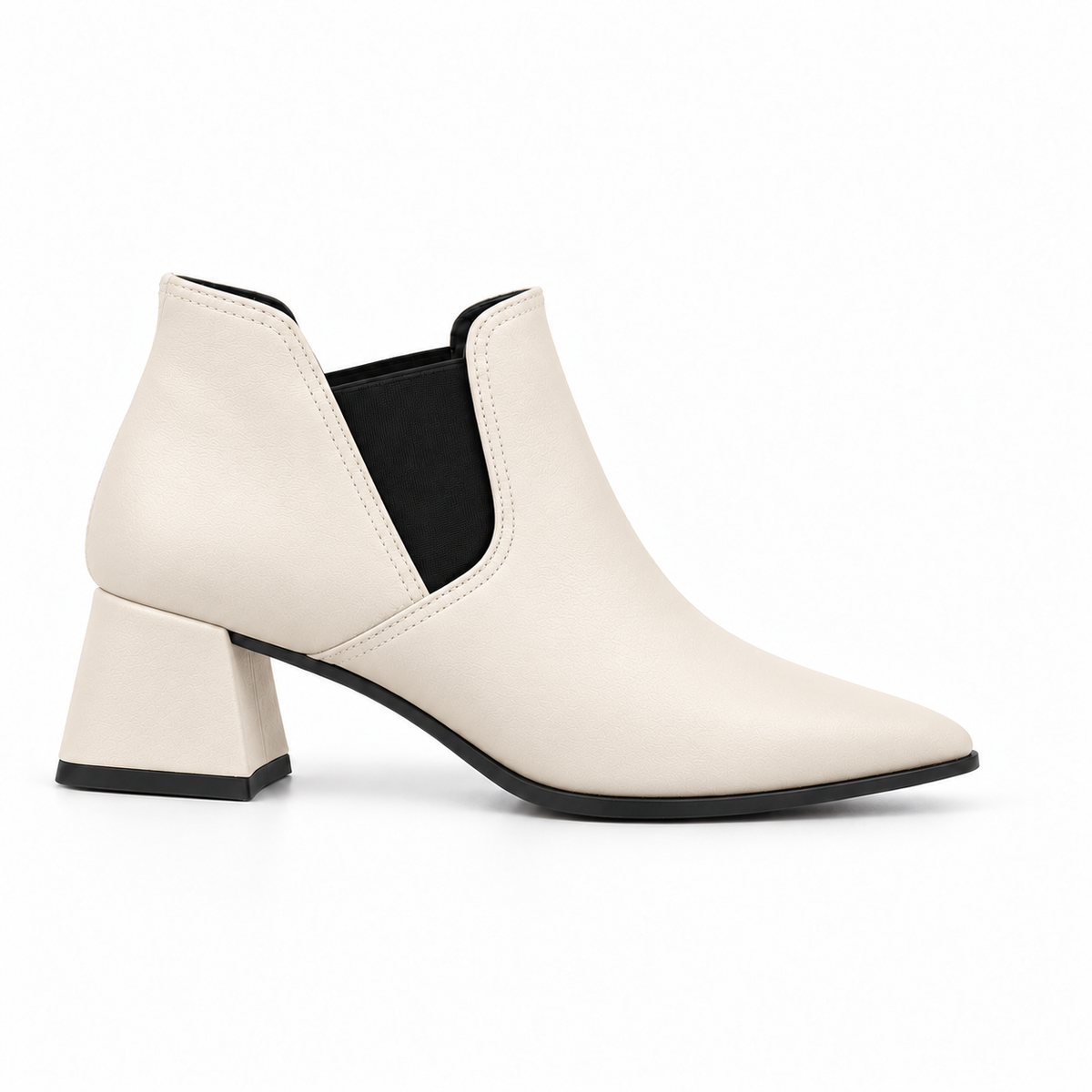 Slit Heeled Bootie Ivory – هاف بوت حريمي بكعب جلد صناعي أوف وايت، من الجنب – ECADRA