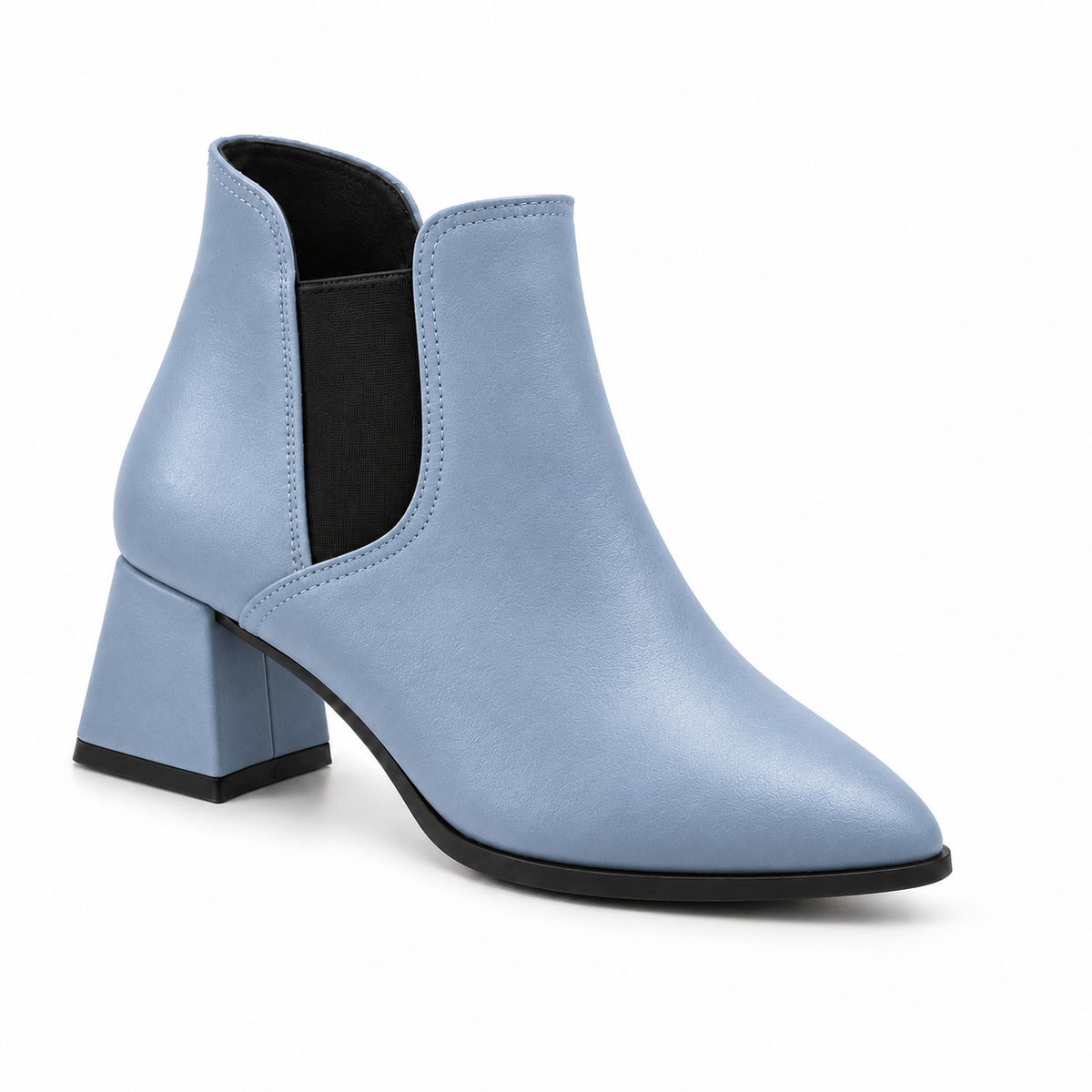 Slit Heeled Bootie Light Blue – هاف بوت حريمي بكعب جلد صناعي بيبي بلو، من قدام – ECADRA