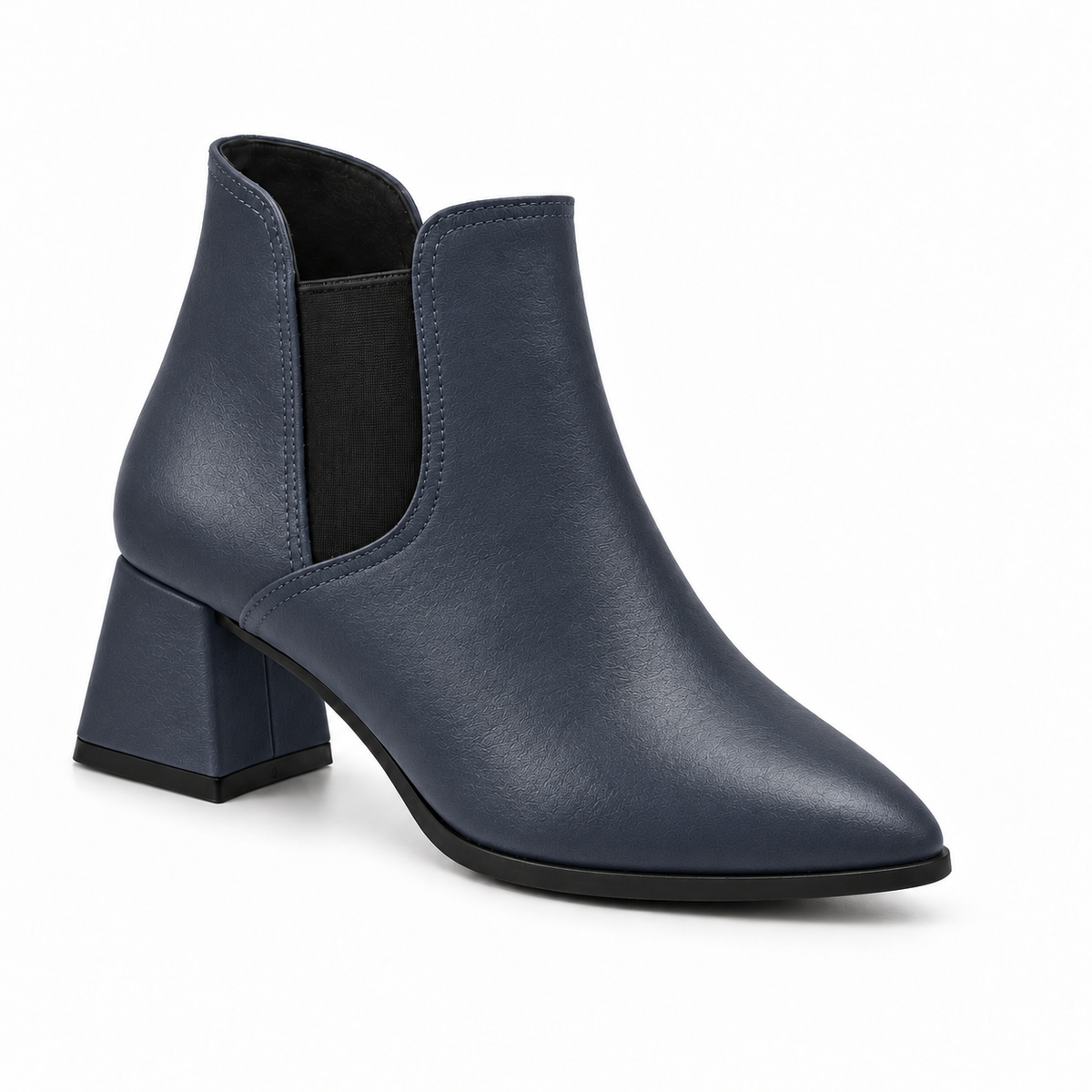 Slit Heeled Bootie Navy Blue – هاف بوت حريمي بكعب جلد صناعي كحلي، من قدام – ECADRA