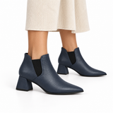 Slit Heeled Bootie Navy Blue – هاف بوت حريمي بكعب جلد صناعي كحلي، على الرجل – ECADRA