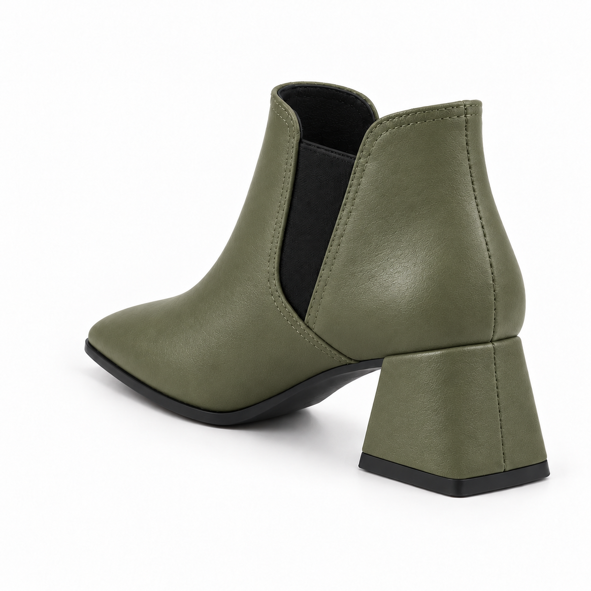 Slit Heeled Bootie Olive – هاف بوت حريمي بكعب جلد صناعي زيتي، من ورا – ECADRA