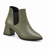 Slit Heeled Bootie Olive – هاف بوت حريمي بكعب جلد صناعي زيتي، من قدام – ECADRA