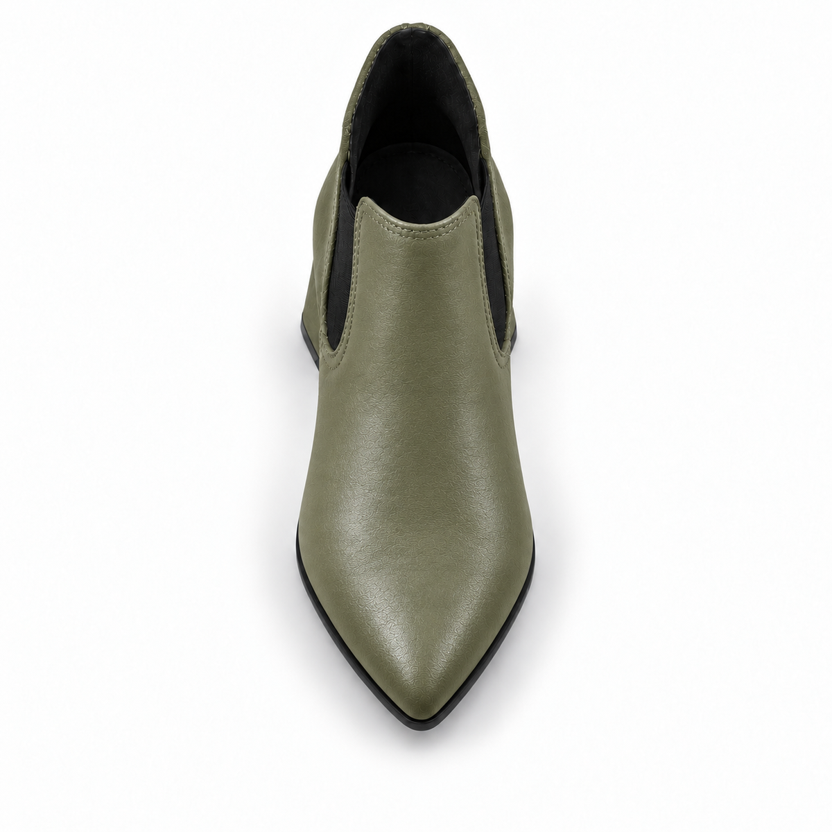 Slit Heeled Bootie Olive – هاف بوت حريمي بكعب جلد صناعي زيتي، من فوق – ECADRA