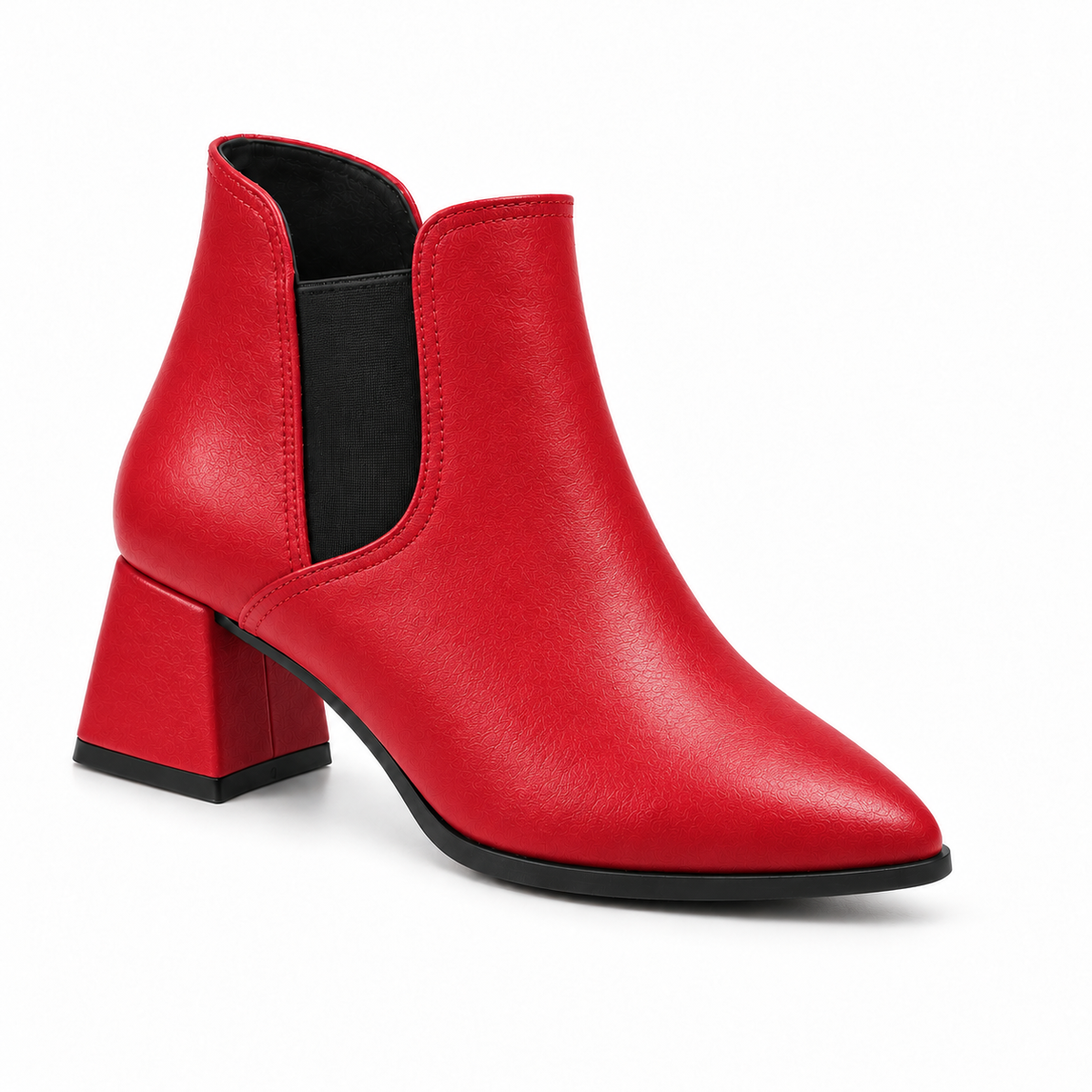 Slit Heeled Bootie Red – هاف بوت حريمي بكعب جلد صناعي أحمر، من قدام – ECADRA
