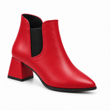 Slit Heeled Bootie Red – هاف بوت حريمي بكعب جلد صناعي أحمر، من قدام – ECADRA