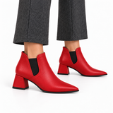 Slit Heeled Bootie Red – هاف بوت حريمي بكعب جلد صناعي أحمر، على الرجل – ECADRA