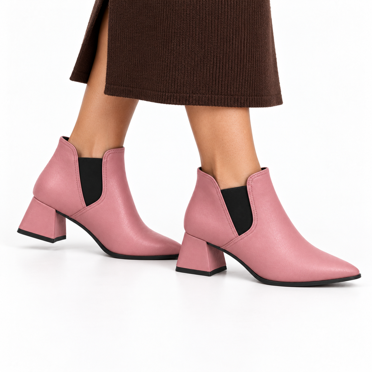 Slit Heeled Bootie Rose – هاف بوت حريمي بكعب جلد صناعي روز، على الرجل – ECADRA
