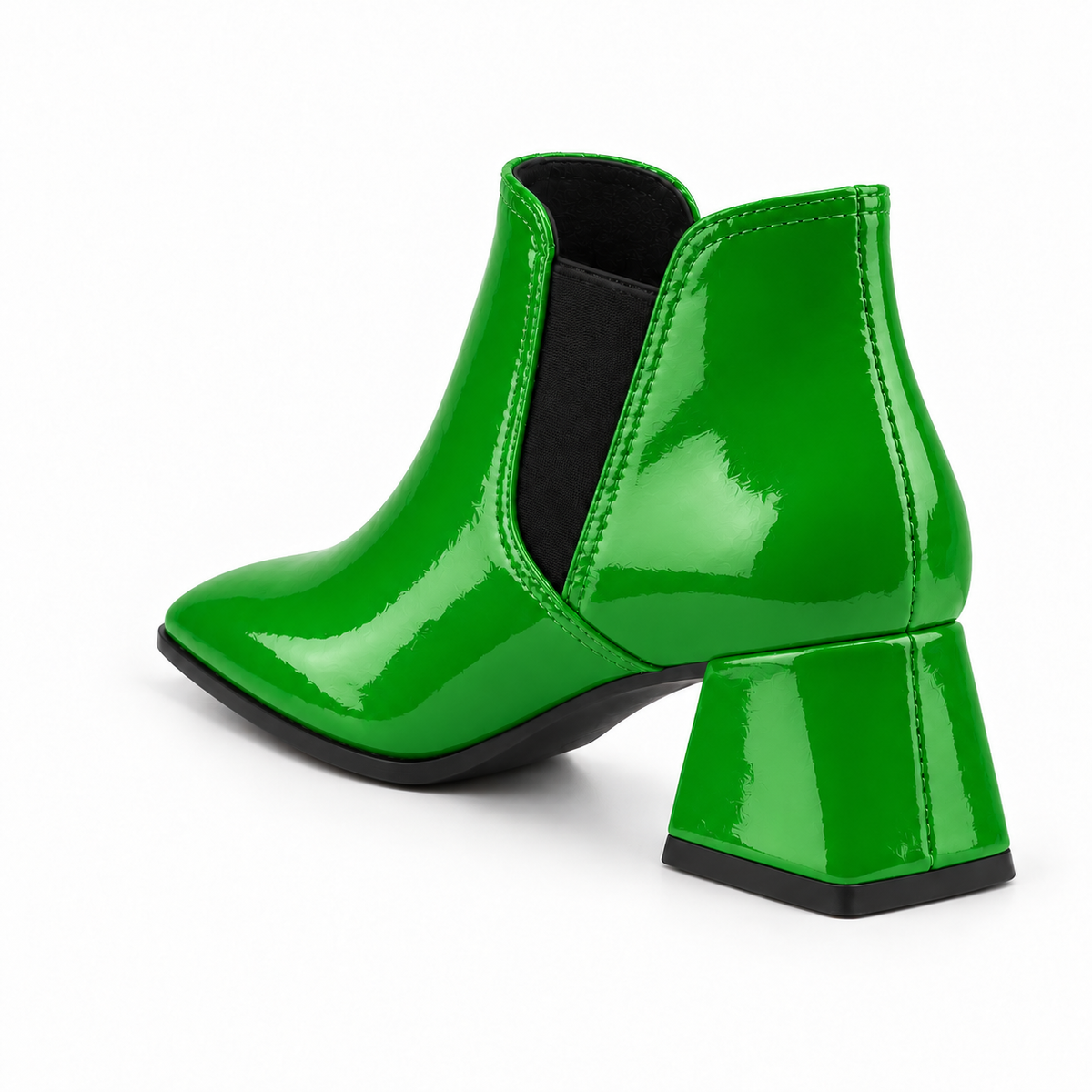 Slit Heeled Bootie Bright Green – هاف بوت حريمي بكعب جلد لامع أخضر فاقع، من ورا – ECADRA