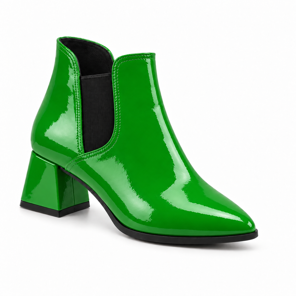 Slit Heeled Bootie Bright Green – هاف بوت حريمي بكعب جلد لامع أخضر فاقع، من قدام – ECADRA