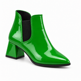 Slit Heeled Bootie Bright Green – هاف بوت حريمي بكعب جلد لامع أخضر فاقع، من قدام – ECADRA