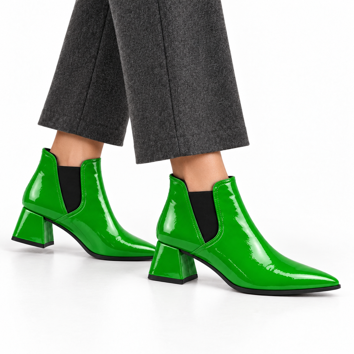 Slit Heeled Bootie Bright Green – هاف بوت حريمي بكعب جلد لامع أخضر فاقع، على الرجل – ECADRA