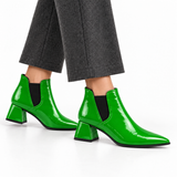 Slit Heeled Bootie Bright Green – هاف بوت حريمي بكعب جلد لامع أخضر فاقع، على الرجل – ECADRA