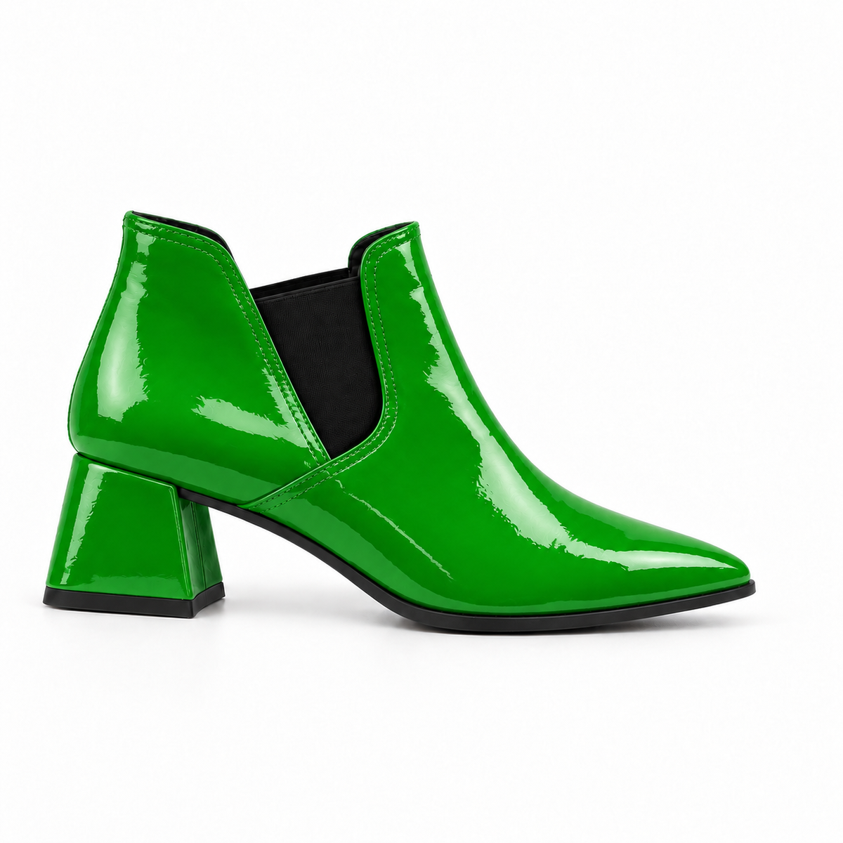 Slit Heeled Bootie Bright Green – هاف بوت حريمي بكعب جلد لامع أخضر فاقع، من الجنب – ECADRA