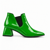 Slit Heeled Bootie Bright Green – هاف بوت حريمي بكعب جلد لامع أخضر فاقع، من الجنب – ECADRA