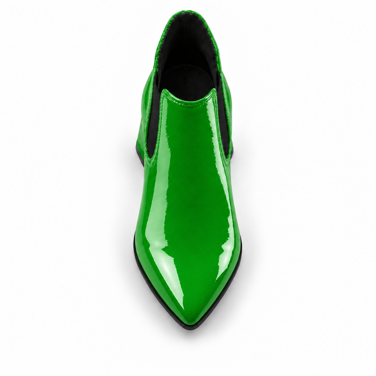 Slit Heeled Bootie Bright Green – هاف بوت حريمي بكعب جلد لامع أخضر فاقع، من فوق – ECADRA