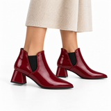 Slit Heeled Bootie Burgundy – هاف بوت حريمي بكعب جلد لامع نبيتي، على الرجل – ECADRA