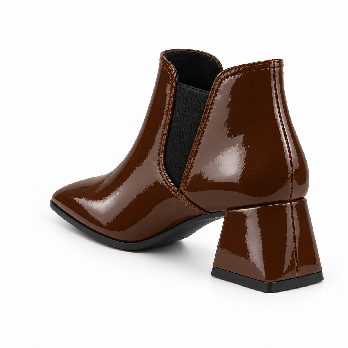Slit Heeled Bootie Chocolate – هاف بوت حريمي بكعب جلد لامع شوكولاتة، من ورا – ECADRA