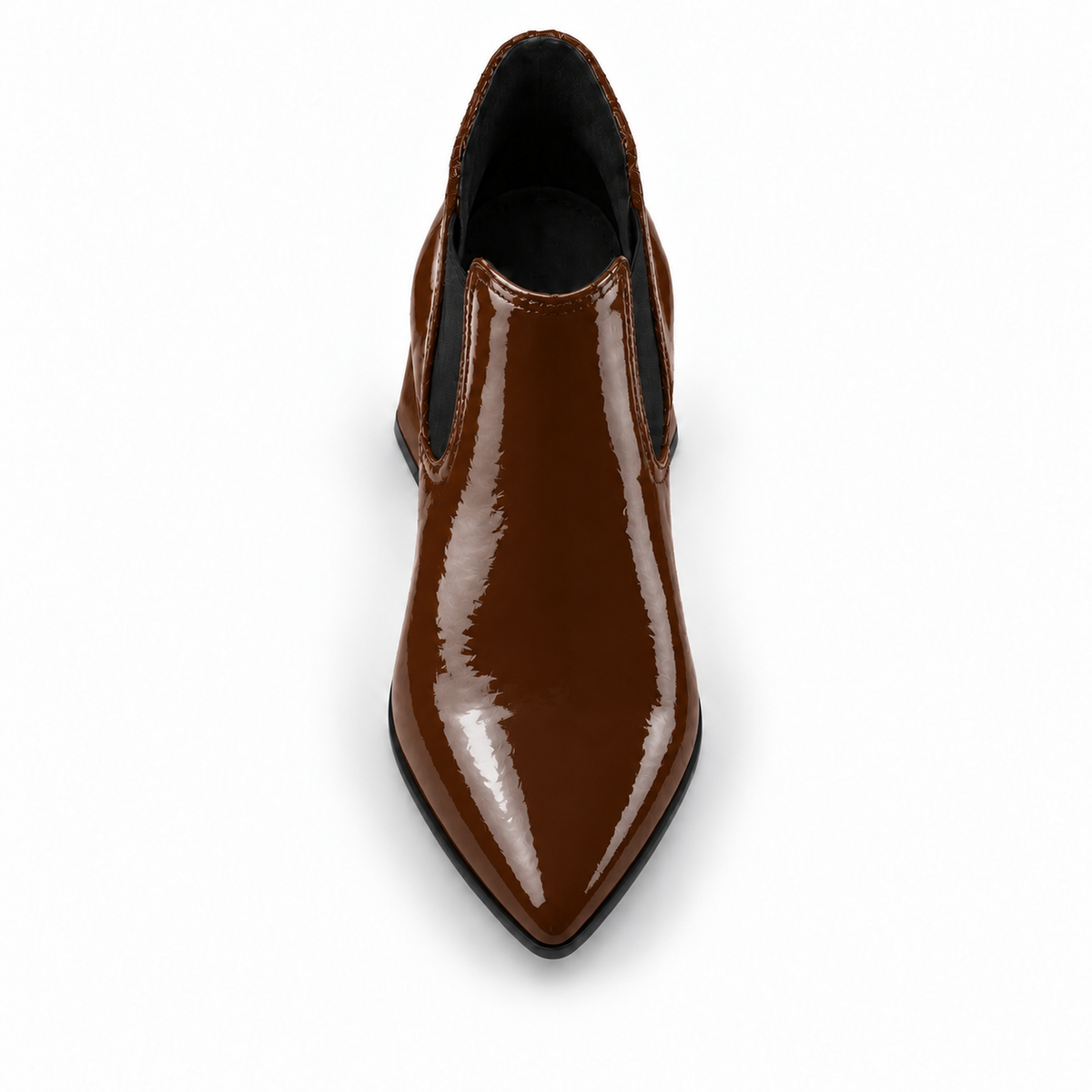 Slit Heeled Bootie Chocolate – هاف بوت حريمي بكعب جلد لامع شوكولاتة، من فوق – ECADRA
