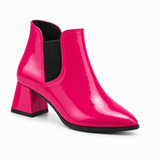 Slit Heeled Bootie Fuchsia – هاف بوت حريمي بكعب جلد لامع فوشيا، من قدام – ECADRA