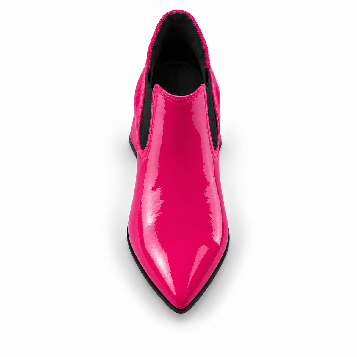 Slit Heeled Bootie Fuchsia – هاف بوت حريمي بكعب جلد لامع فوشيا، من فوق – ECADRA