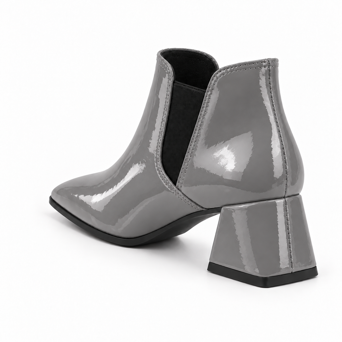 Slit Heeled Bootie Gray – هاف بوت حريمي بكعب جلد لامع رمادي، من ورا – ECADRA