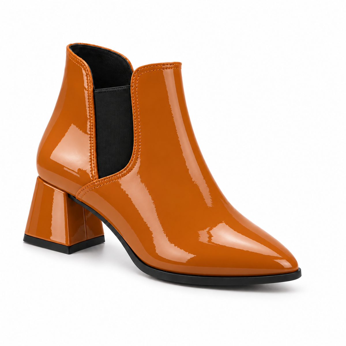 Slit Heeled Bootie Havana – هاف بوت حريمي بكعب جلد لامع هافانا، من قدام – ECADRA