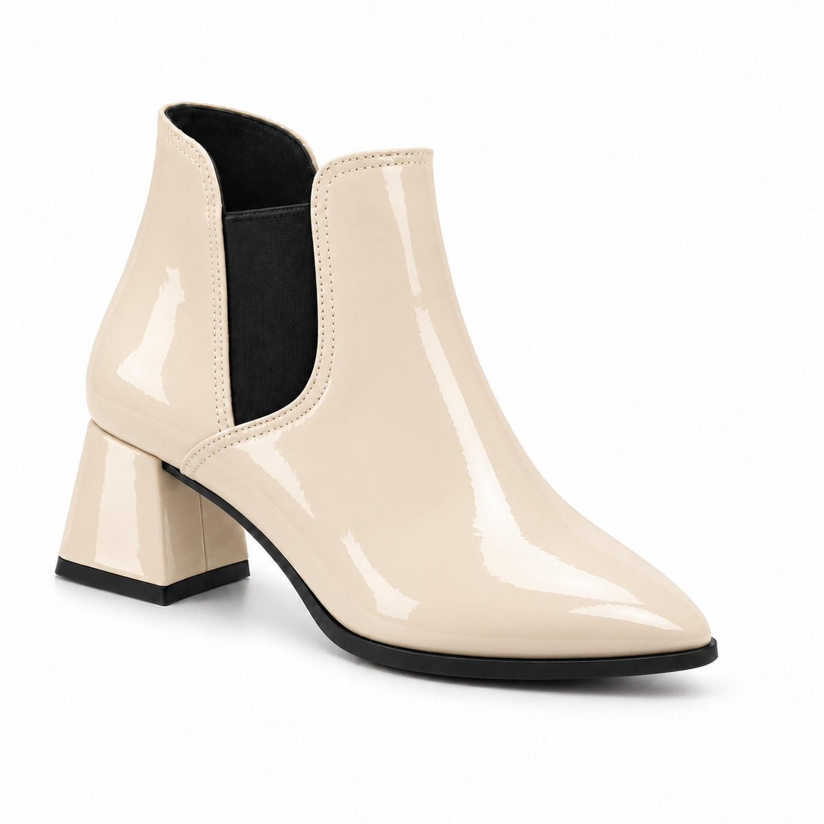 Slit Heeled Bootie Ivory – هاف بوت حريمي بكعب جلد لامع أوف وايت، من قدام – ECADRA