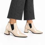 Slit Heeled Bootie Ivory – هاف بوت حريمي بكعب جلد لامع أوف وايت، على الرجل – ECADRA