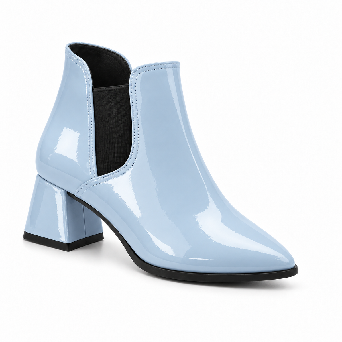Slit Heeled Bootie Light Blue – هاف بوت حريمي بكعب جلد لامع بيبي بلو، من قدام – ECADRA