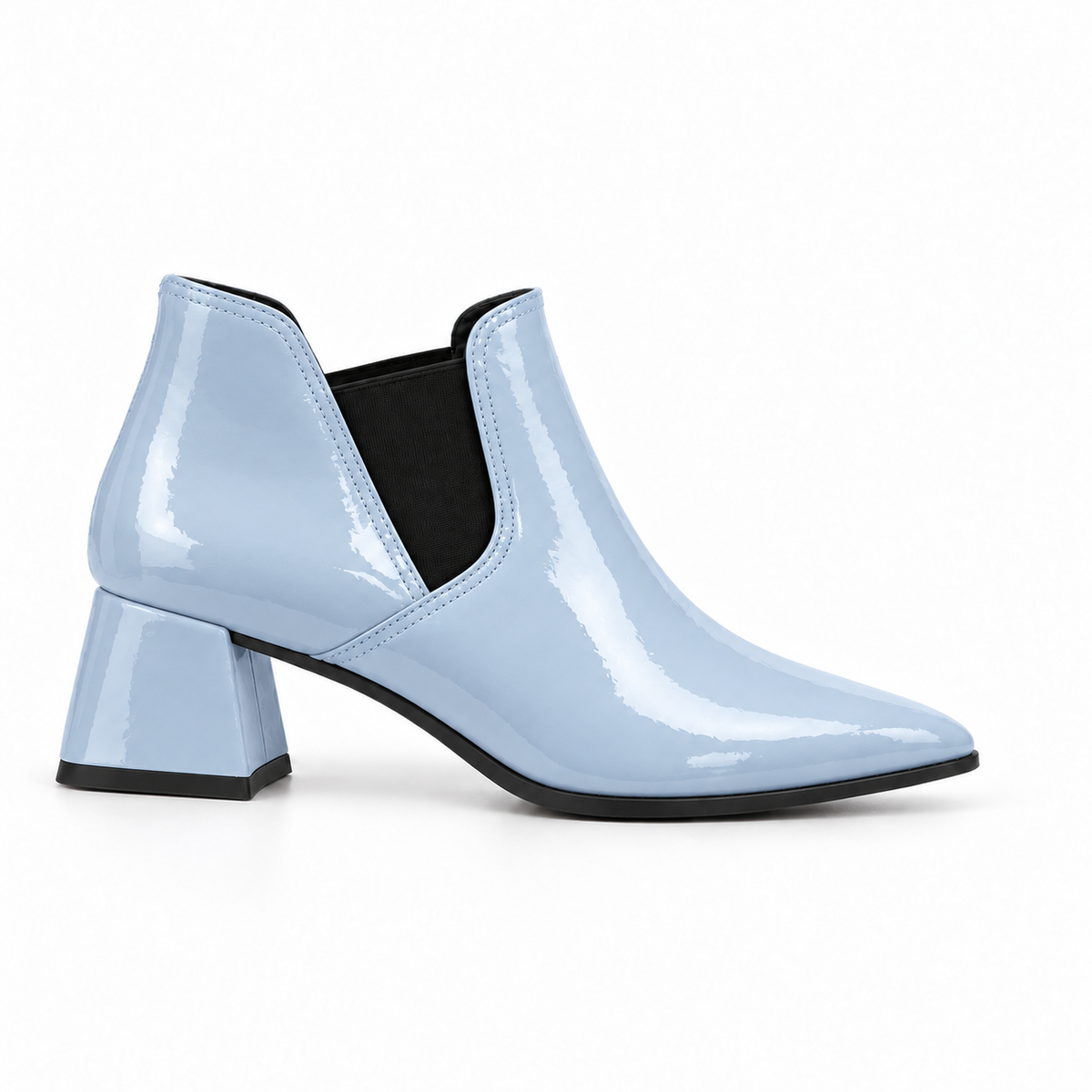 Slit Heeled Bootie Light Blue – هاف بوت حريمي بكعب جلد لامع بيبي بلو، من الجنب – ECADRA