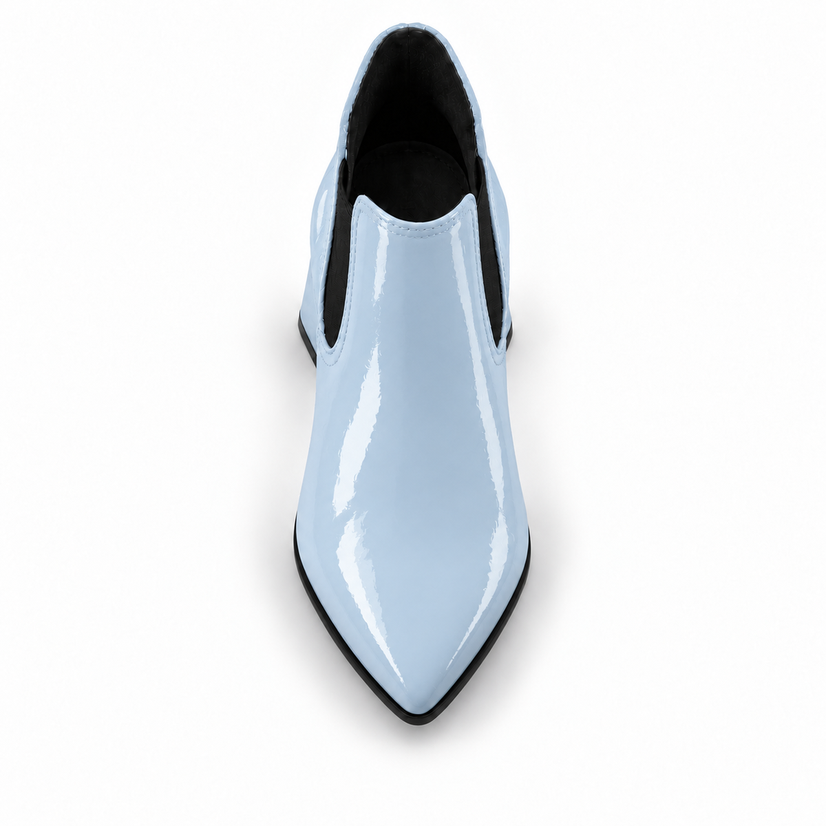 Slit Heeled Bootie Light Blue – هاف بوت حريمي بكعب جلد لامع بيبي بلو، من فوق – ECADRA