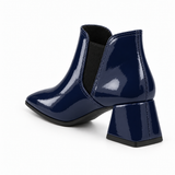 Slit Heeled Bootie Navy – هاف بوت حريمي بكعب جلد لامع كحلي، من ورا – ECADRA
