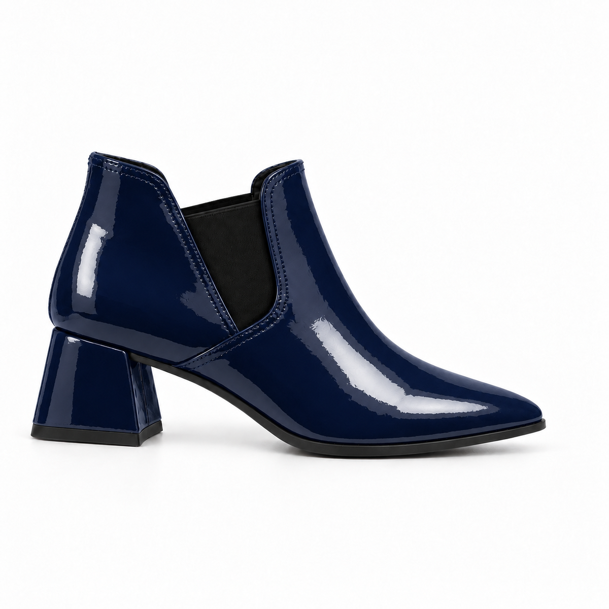 Slit Heeled Bootie Navy – هاف بوت حريمي بكعب جلد لامع كحلي، من الجنب – ECADRA