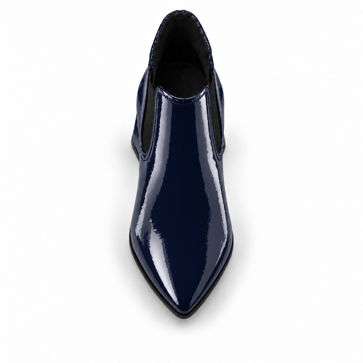 Slit Heeled Bootie Navy – هاف بوت حريمي بكعب جلد لامع كحلي، من فوق – ECADRA