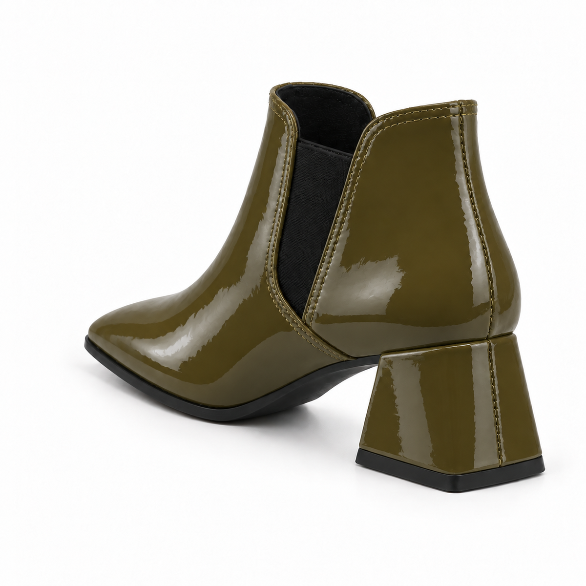 Slit Heeled Bootie Olive – هاف بوت حريمي بكعب جلد لامع زيتي، من ورا – ECADRA