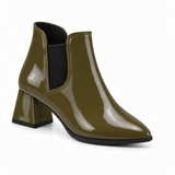 Slit Heeled Bootie Olive – هاف بوت حريمي بكعب جلد لامع زيتي، من قدام – ECADRA