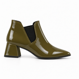 Slit Heeled Bootie Olive – هاف بوت حريمي بكعب جلد لامع زيتي، من الجنب – ECADRA